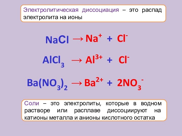 Электролитическая диссоциация – это распад электролита на ионыСоли – это электролиты, которые