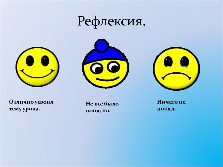 Рефлексия.Отлично усвоил  тему урока.Не всё было  понятно.Ничего не  понял.