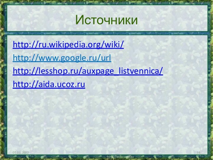 Источникиhttp://ru.wikipedia.org/wiki/http://www.google.ru/urlhttp://lesshop.ru/auxpage_listvennica/http://aida.ucoz.ru05.01.2002