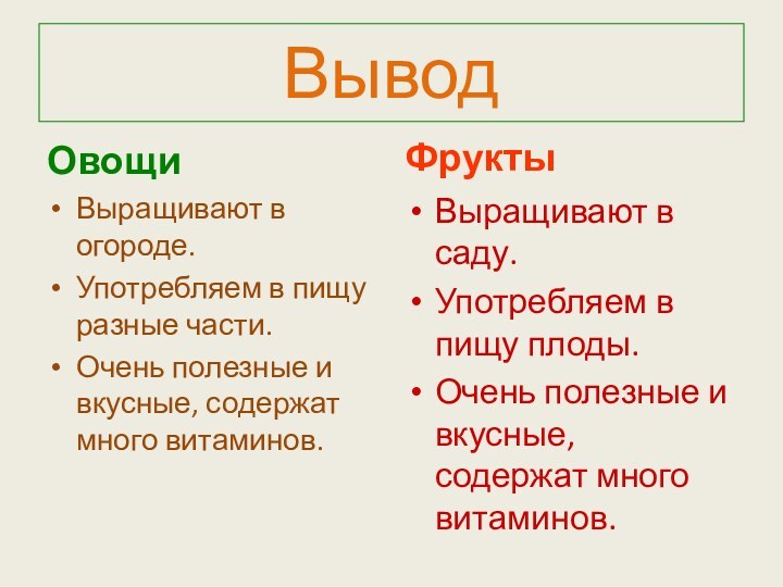 ВыводОвощиВыращивают в огороде.Употребляем в пищу разные части.Очень полезные и вкусные, содержат много