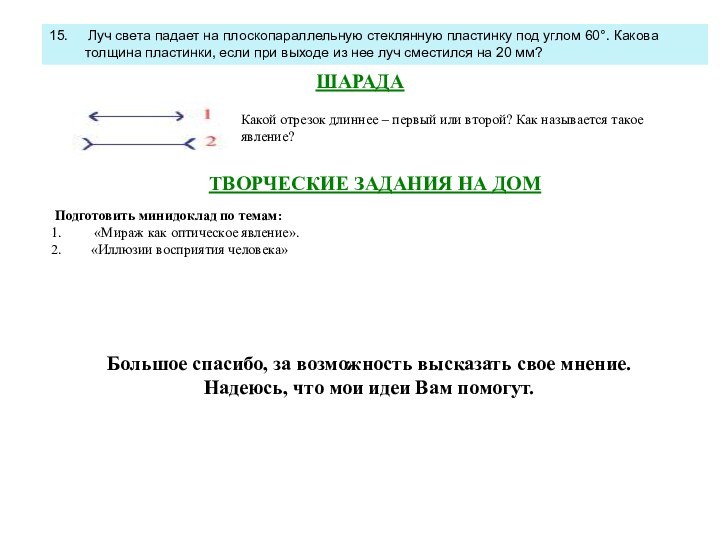 15.   Луч света падает на плоскопараллельную стеклянную пластинку под углом