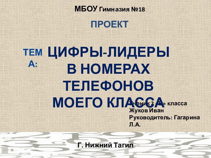 МБОУ Гимназия №18
Ученик 2 «В» классаЖуков ИванРуководитель: Гагарина Л.А.ЦИФРЫ-ЛИДЕРЫВ НОМЕРАХ ТЕЛЕФОНОВМОЕГО КЛАССАТЕМА:Г. Нижний ТагилПРОЕКТ