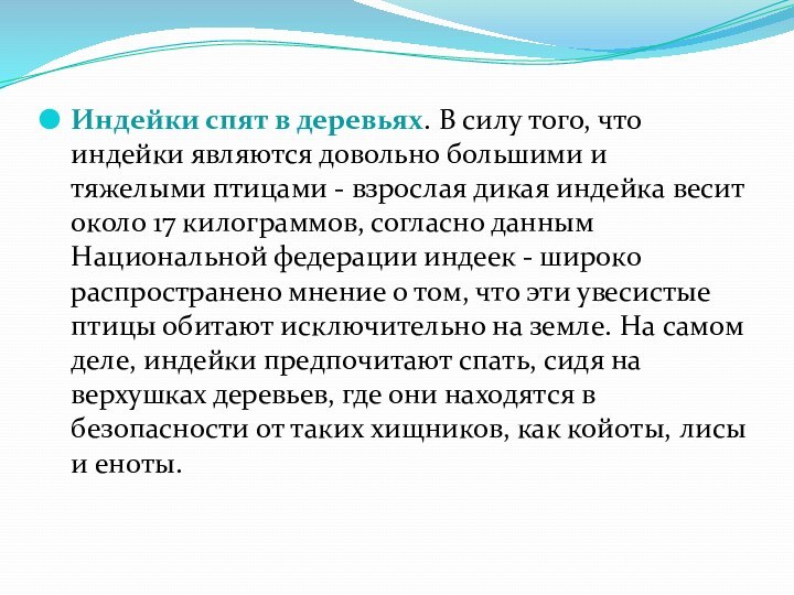 Индейки спят в деревьях. В силу того, что индейки являются довольно большими