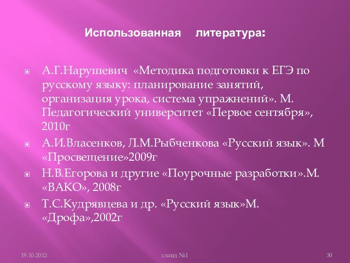 Использованная  литература: А.Г.Нарушевич «Методика подготовки к ЕГЭ по русскому языку: планирование