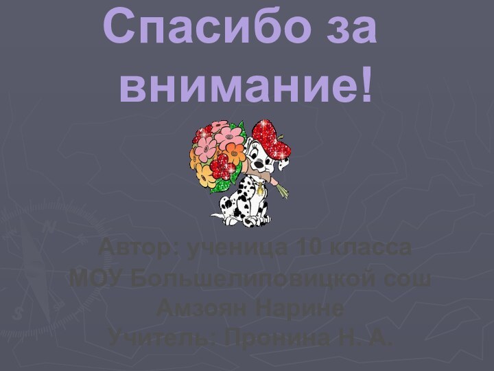 Автор: ученица 10 классаМОУ Большелиповицкой сошАмзоян НаринеУчитель: Пронина Н. А.Спасибо за внимание!