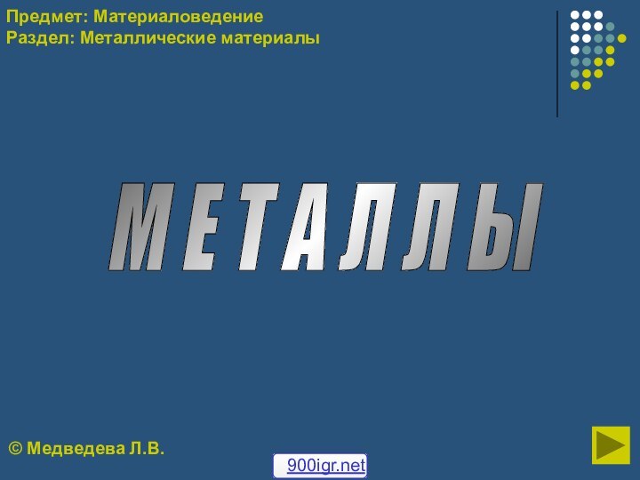 М Е Т А Л Л Ы © Медведева Л.В.Предмет: Материаловедение Раздел: Металлические материалы