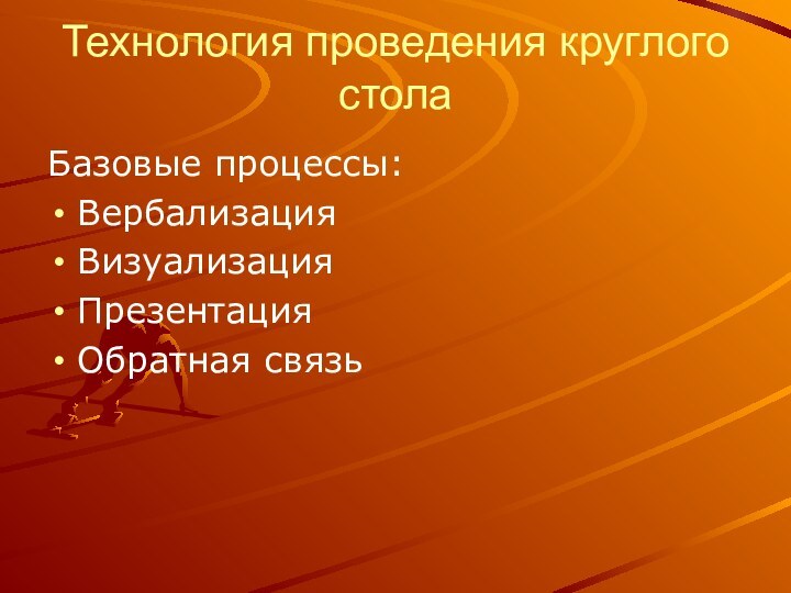 Технология проведения круглого столаБазовые процессы:Вербализация ВизуализацияПрезентацияОбратная связь