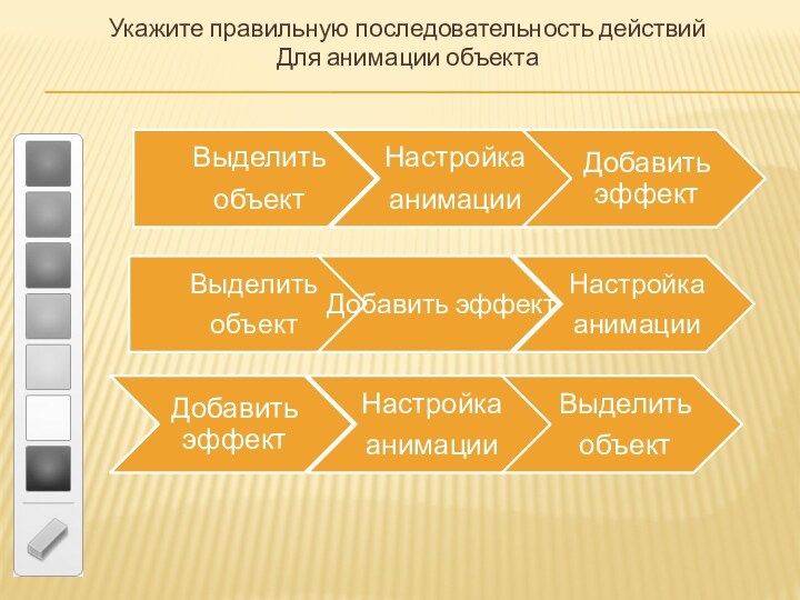 Укажите правильную последовательность действий Для анимации объекта