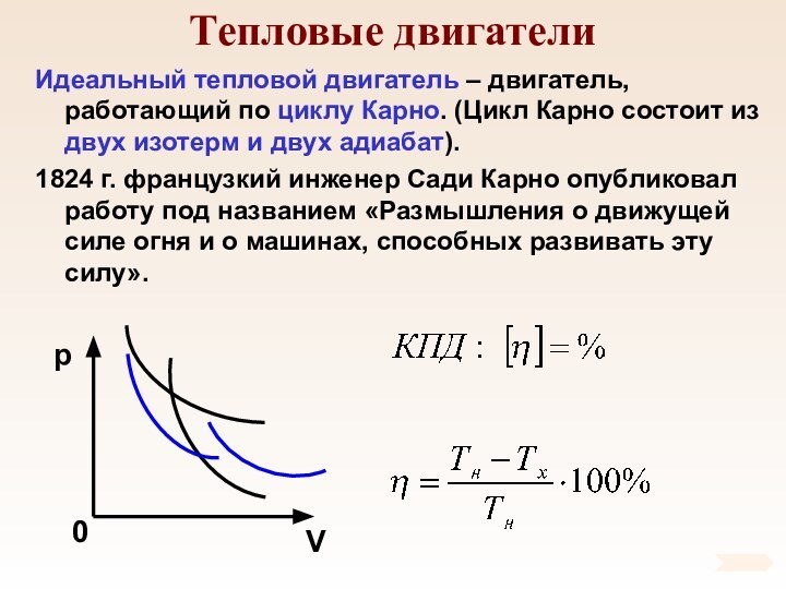 Тепловые двигателиИдеальный тепловой двигатель – двигатель, работающий по циклу Карно. (Цикл Карно