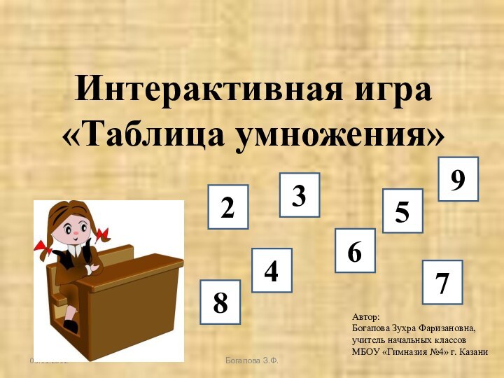 03.11.2012Богапова З.Ф.Интерактивная игра «Таблица умножения»Автор: Богапова Зухра Фаризановна, учитель начальных классовМБОУ «Гимназия №4» г. Казани23456789