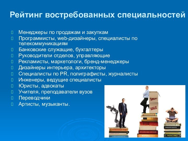 Рейтинг востребованных специальностейМенеджеры по продажам и закупкам Программисты, web-дизайнеры, специалисты по телекоммуникациям