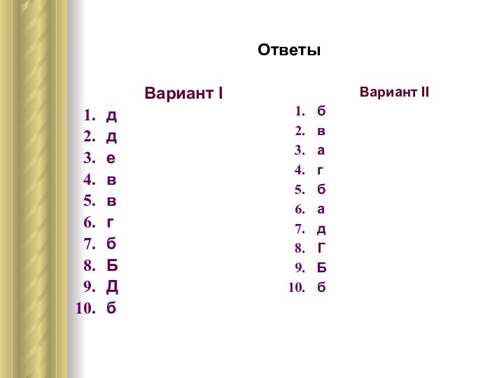 Ответы Вариант IддеввгбБДбВариант IIбвагбадГБб