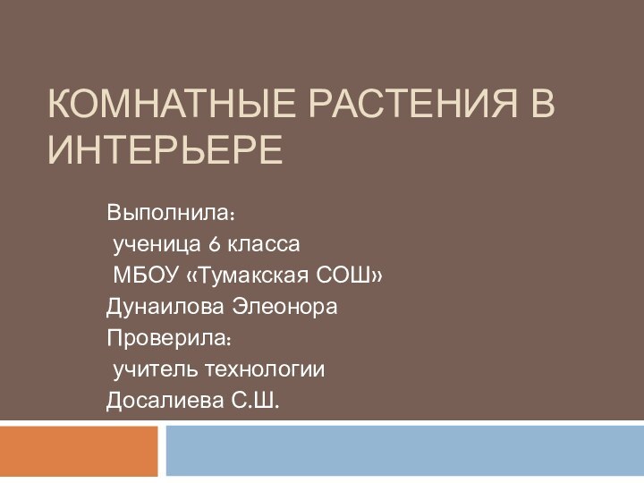 Комнатные растения в интерьереВыполнила: ученица 6 класса МБОУ «Тумакская СОШ» Дунаилова ЭлеонораПроверила: учитель технологииДосалиева С.Ш.