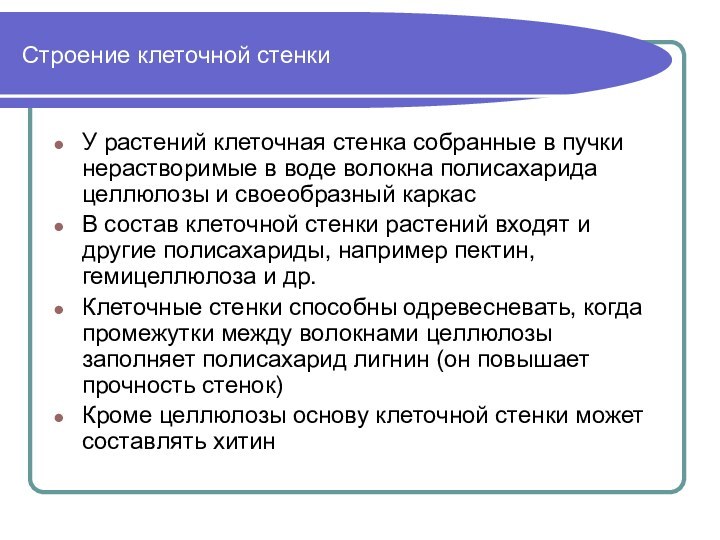 Строение клеточной стенкиУ растений клеточная стенка собранные в пучки нерастворимые в воде