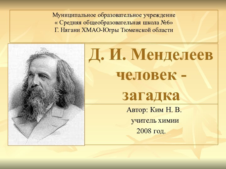 Д. И. Менделеев человек - загадка  Автор: Ким Н. В.