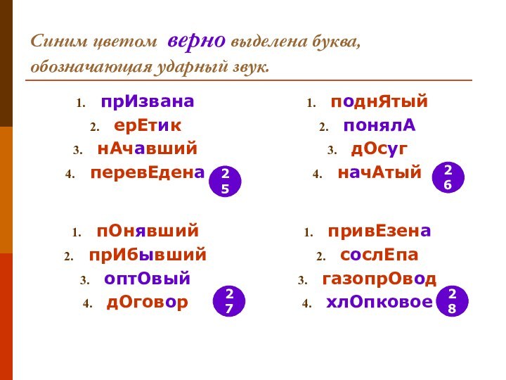 Синим цветом верно выделена буква, обозначающая ударный звук.прИзванаерЕтикнАчавшийперевЕденаподнЯтыйпонялАдОсугначАтыйпОнявшийпрИбывшийоптОвыйдОговорпривЕзенасослЕпагазопрОводхлОпковое28262725