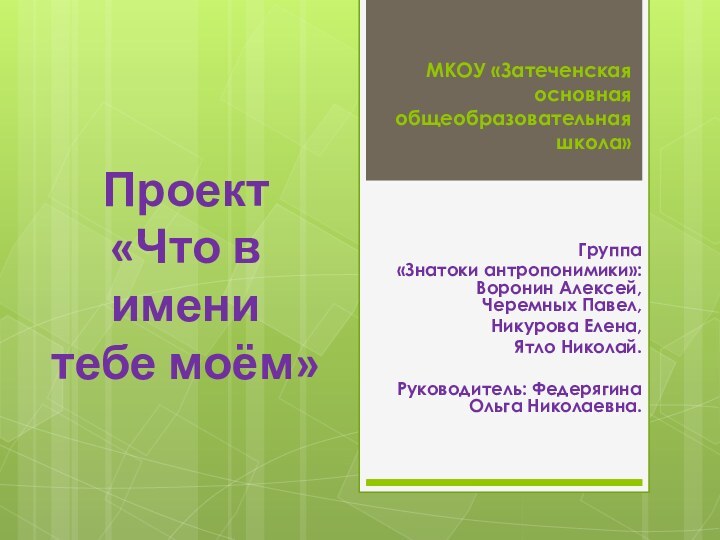 МКОУ «Затеченская основная общеобразовательная школа»Группа «Знатоки антропонимики»: Воронин Алексей, Черемных Павел, Никурова