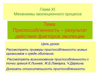 Приспособленность – результат действия факторов эволюции