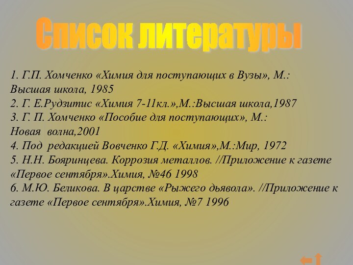 Список литературы 1. Г.П. Хомченко «Химия для поступающих в Вузы», М.: Высшая