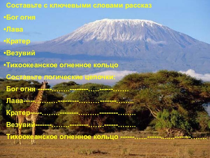 Составьте с ключевыми словами рассказБог огняЛаваКратерВезувийТихоокеанское огненное кольцоСоставьте логические цепочки:Бог огня ------……..--------…..------…….Лава-----……….---------………-------……..Кратер-----……..--------………--------……..Везувий-------……..--------…….------……..Тихоокеанское огненное кольцо ------…...------.......-------…….