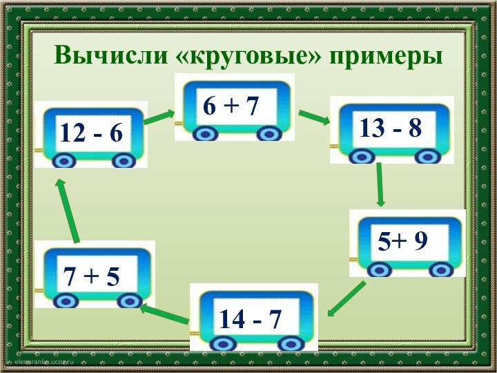 Вычисли «круговые» примеры12 - 66 + 713 - 85+ 914 - 77 + 5