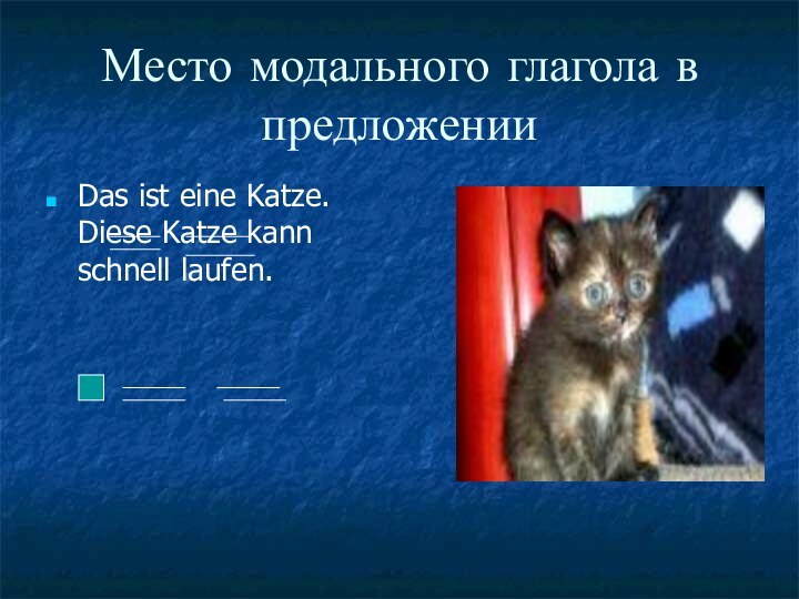 Место модального глагола в предложенииDas ist eine Katze. Diese Katze kann schnell laufen.