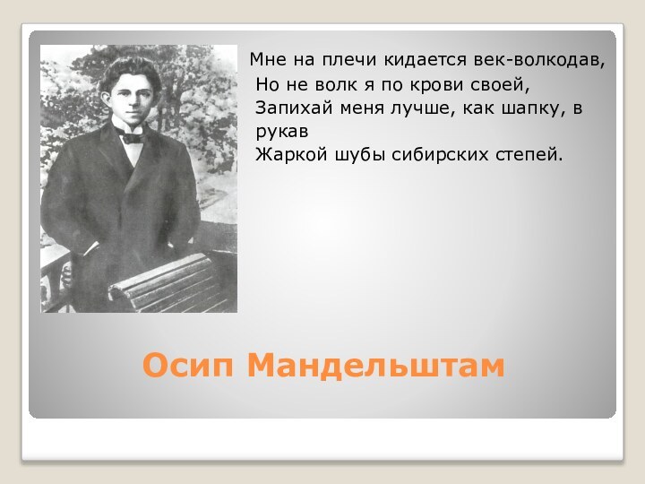 Осип Мандельштам    Мне на плечи кидается век-волкодав,