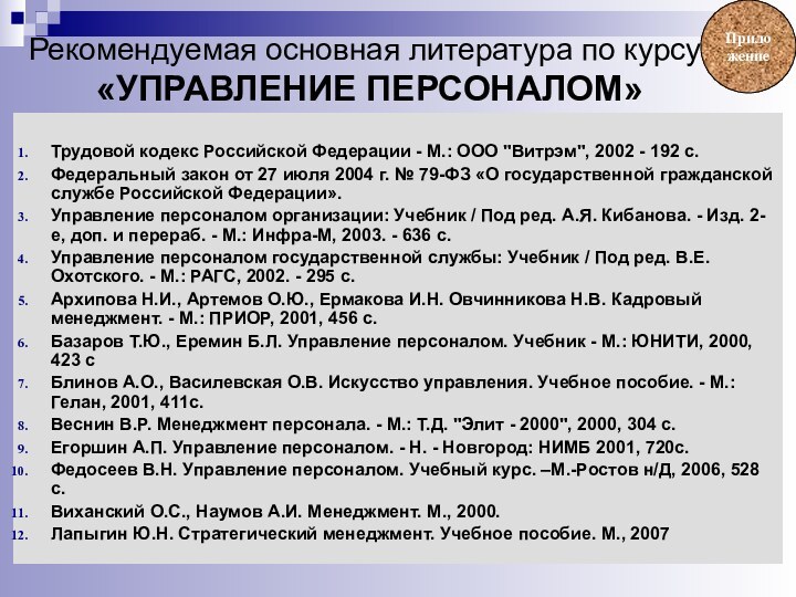 Рекомендуемая основная литература по курсу  «УПРАВЛЕНИЕ ПЕРСОНАЛОМ»Трудовой кодекс Российской Федерации -