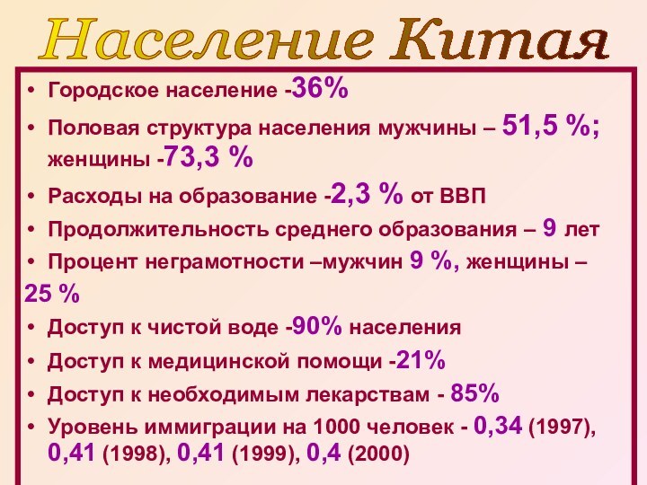 Городское население -36%Половая структура населения мужчины – 51,5 %; женщины -73,3 %Расходы