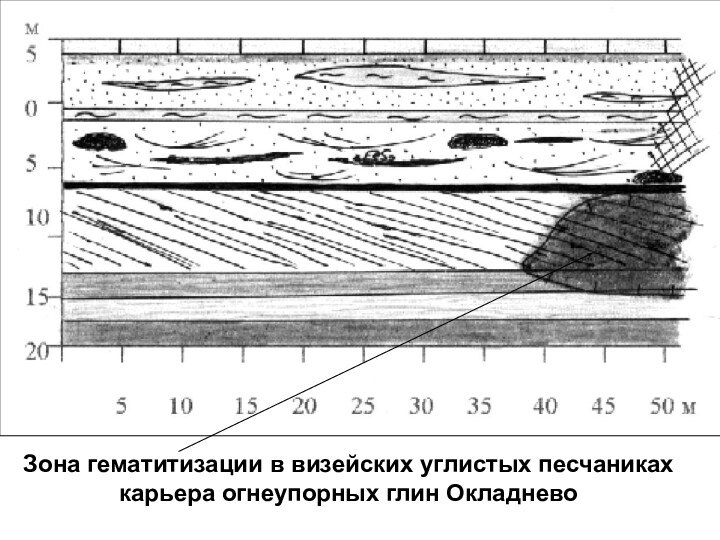 Зона гематитизации в визейских углистых песчаниках карьера огнеупорных глин Окладнево
