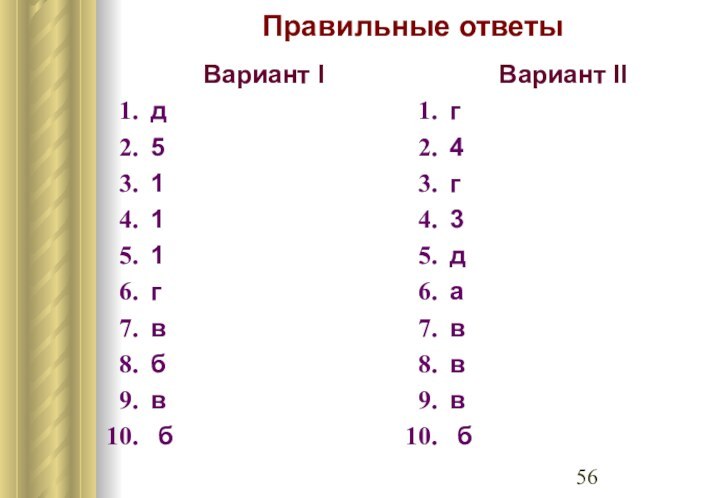 Правильные ответыВариант Iд5111гвбв бВариант IIг4г3даввв б