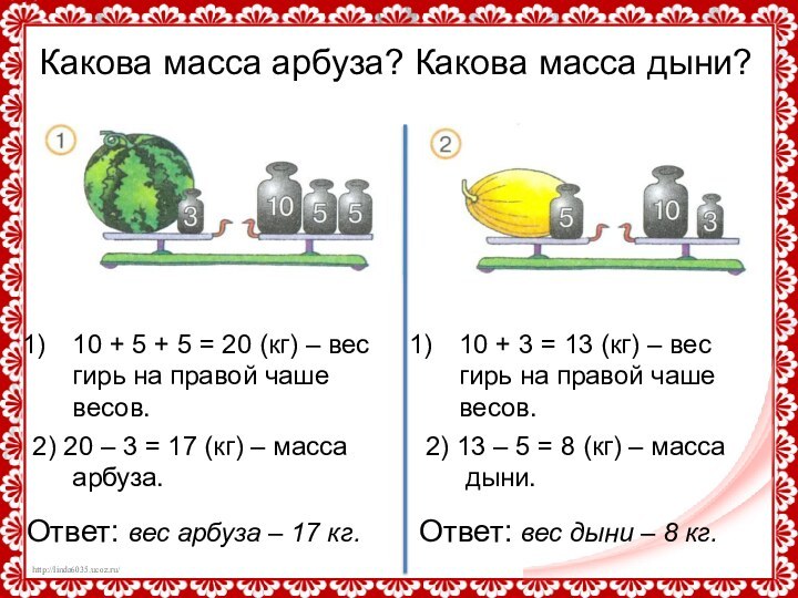 Какова масса арбуза? Какова масса дыни?10 + 5 + 5 = 20