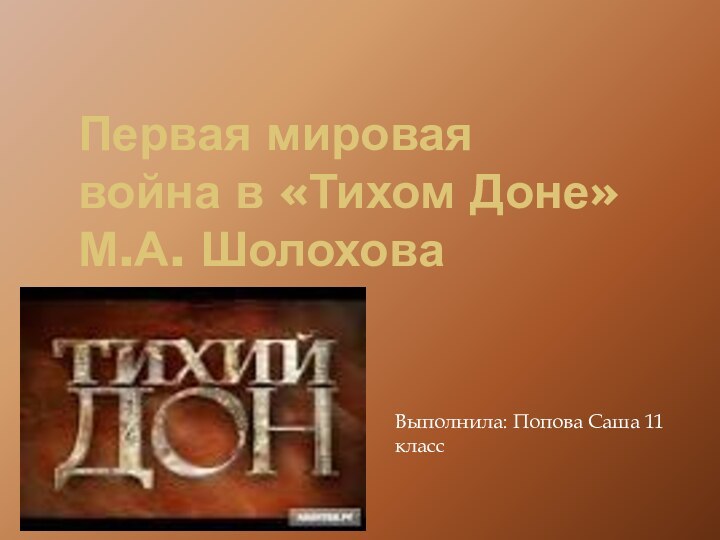 Первая мировая война в «Тихом Доне» М.А. ШолоховаВыполнила: Попова Саша 11 класс