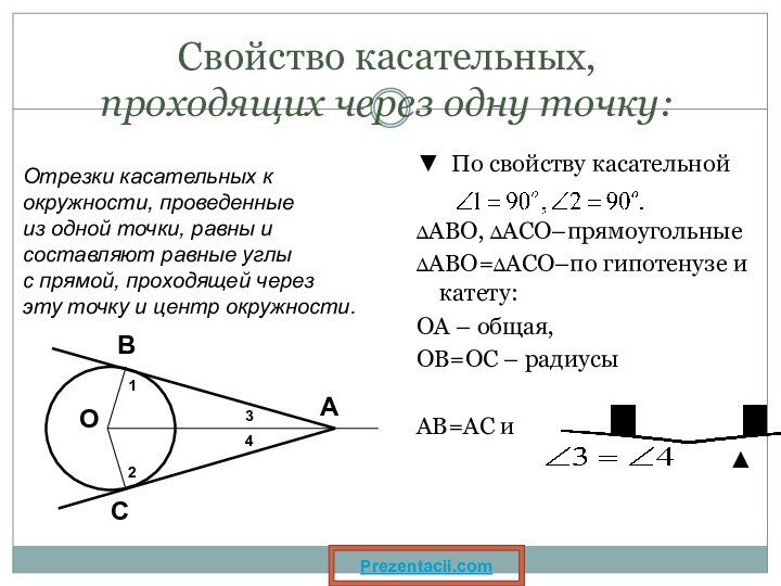 Свойство касательных,  проходящих через одну точку:▼ По свойству касательной ∆АВО, ∆АСО–прямоугольные∆АВО=∆АСО–по