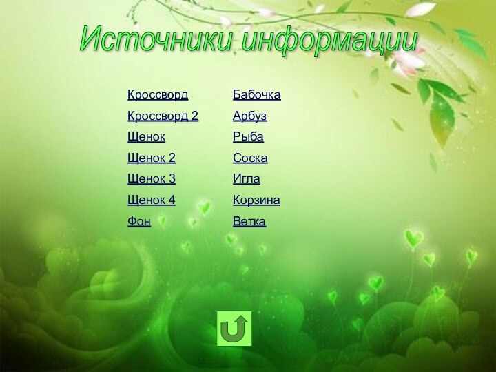 Источники информацииКроссворд Кроссворд 2ЩенокЩенок 2Щенок 3Щенок 4ФонБабочкаАрбузРыбаСоскаИглаКорзинаВетка