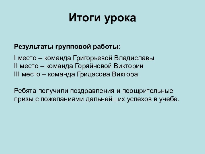 Итоги урокаРезультаты групповой работы:I место – команда Григорьевой ВладиславыII место – команда