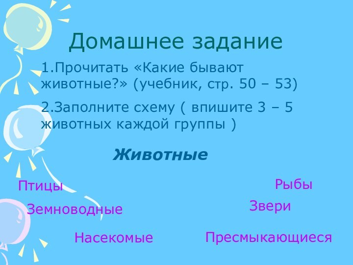 Домашнее задание1.Прочитать «Какие бывают животные?» (учебник, стр. 50 – 53)2.Заполните схему (