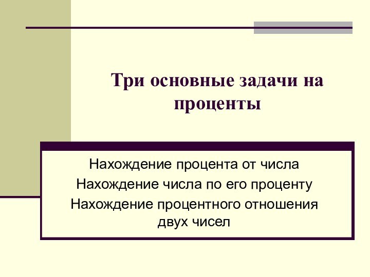 Три основные задачи на процентыНахождение процента от числаНахождение числа по его процентуНахождение процентного отношения двух чисел