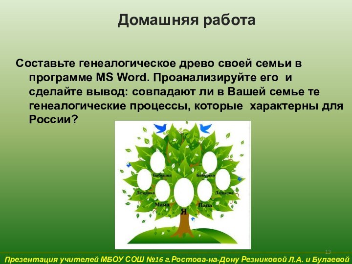 Презентация учителей МБОУ СОШ №16 г.Ростова-на-Дону Резниковой Л.А. и Булаевой Е.В.Домашняя работаСоставьте