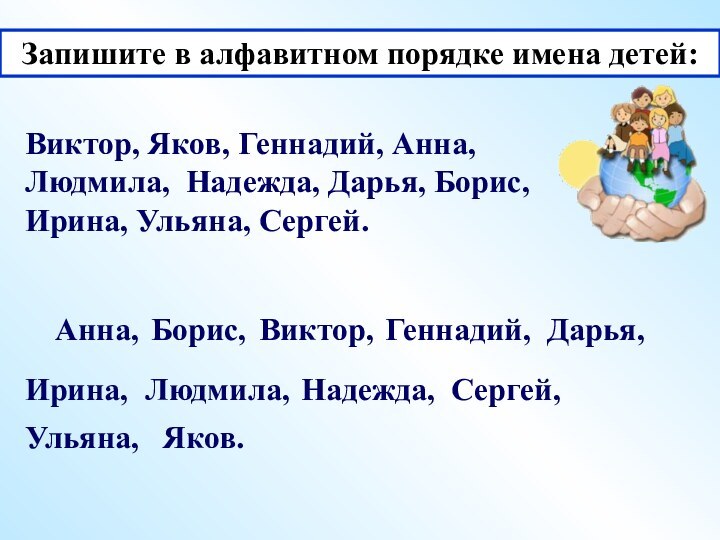 Запишите в алфавитном порядке имена детей:Виктор, Яков, Геннадий, Анна, Людмила, Надежда,