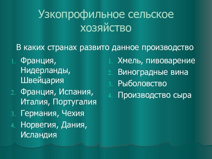 Узкопрофильное сельское хозяйствоФранция, Нидерланды, ШвейцарияФранция, Испания, Италия, ПортугалияГермания, ЧехияНорвегия, Дания, ИсландияХмель, пивоварениеВиноградные