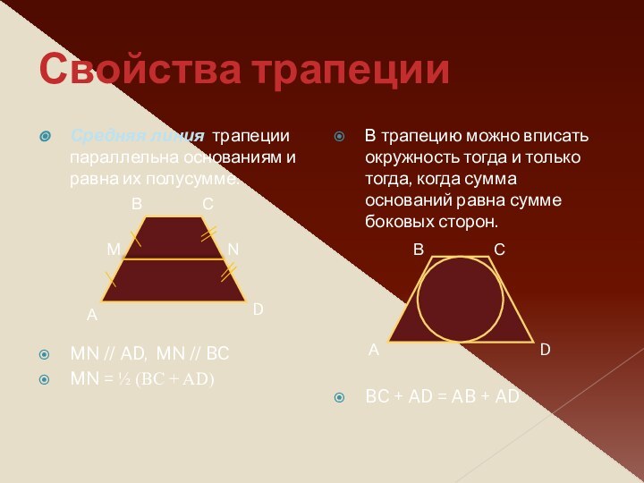 Свойства трапецииСредняя линия трапеции параллельна основаниям и равна их полусумме. MN //