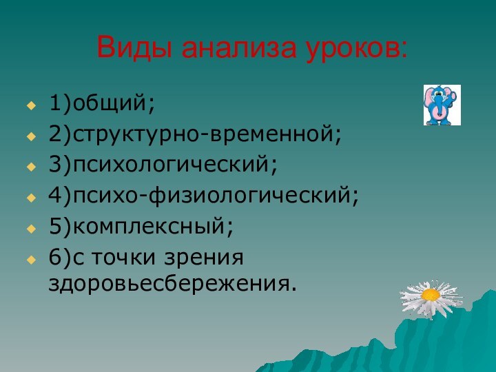 Виды анализа уроков:1)общий;2)структурно-временной;3)психологический;4)психо-физиологический;5)комплексный;6)с точки зрения здоровьесбережения.