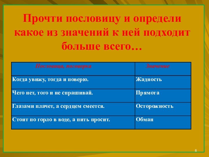 Прочти пословицу и определи какое из значений к ней подходит больше всего…