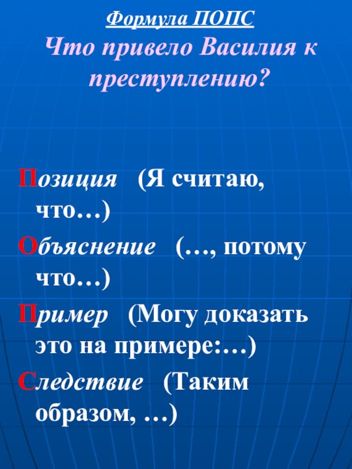 Формула ПОПС Что привело Василия к преступлению? Позиция  (Я считаю, что…)Объяснение