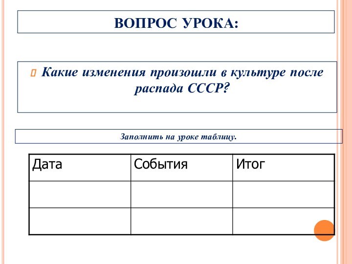 ВОПРОС УРОКА:Какие изменения произошли в культуре после распада СССР?Заполнить на уроке таблицу.