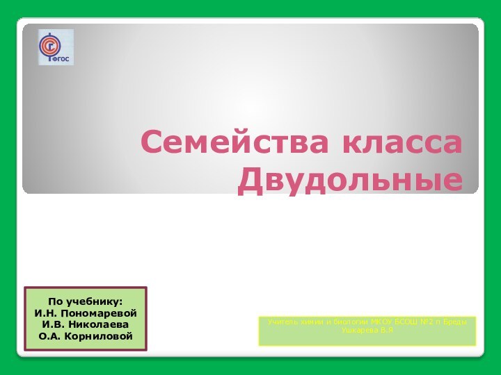 Семейства класса ДвудольныеПо учебнику: И.Н. Пономаревой И.В. НиколаеваО.А. Корниловой Учитель химии и