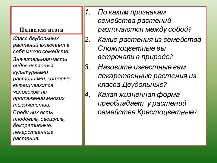 Подведем итогиПо каким признакам семейства растений различаются между собой?Какие