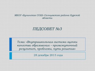 педагогический совет Внутришкольная система оценки качества образования – промежуточный результат, проблемы, пути решения