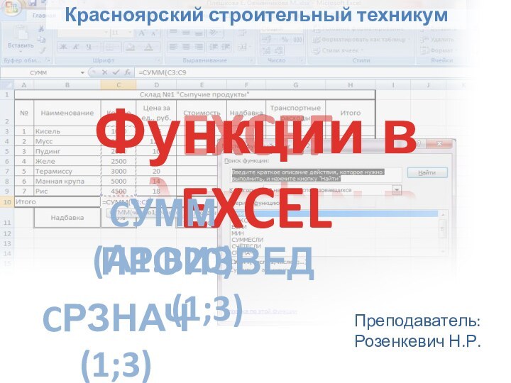 Функции в EXCELCумм(а1:B20)CРЗНАЧ(1;3)Произвед(1;3)Красноярский строительный техникумПреподаватель: Розенкевич Н.Р.